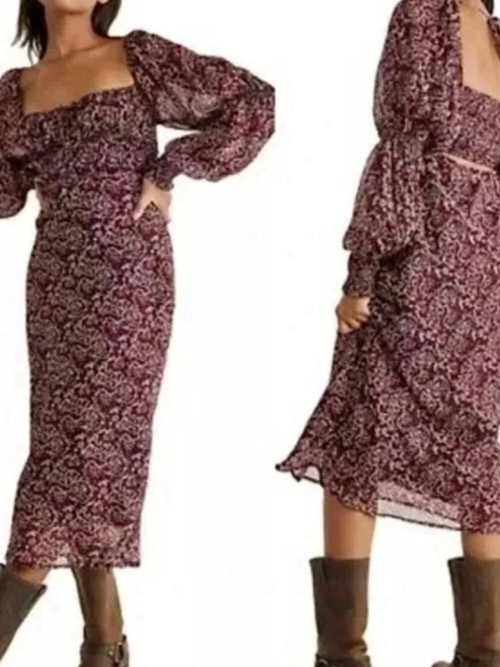 Free People Glow Up Midi Dress, Chocolate Burgundy, Peasant Puff Sleeve Gown XS